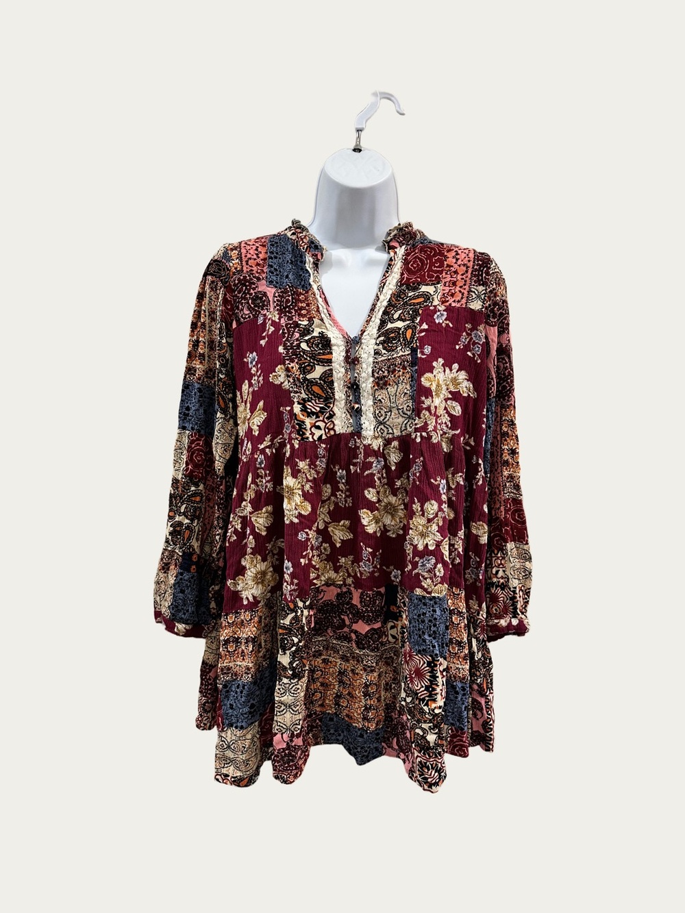Umgee Boho Patchwork Floral V-Neck Women's Top - Burgundy Large